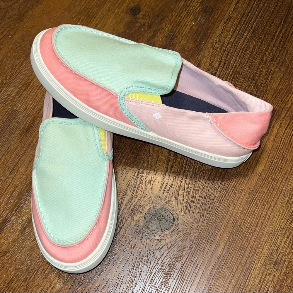 Sperry Colorblock Pink Green Pastel Canvas Slip On Memory Foam Loafers Size 6 - Picture 4 of 11